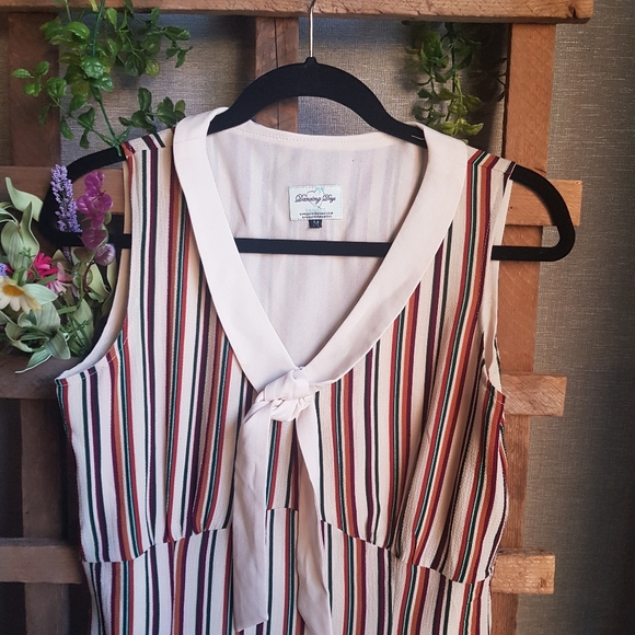 Vintage sailor Tie Front Stripped Swing A-Line Dress Sz M - Picture 2 of 8